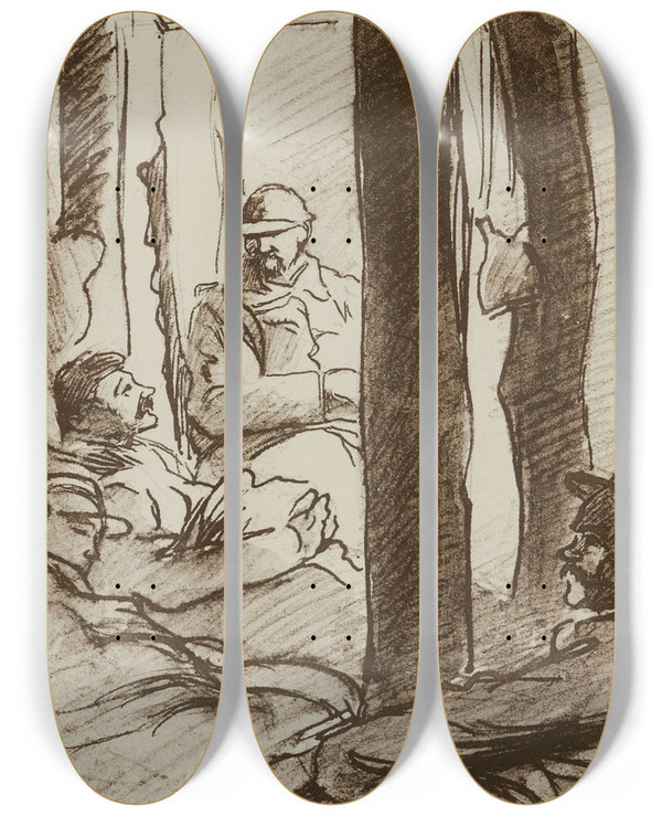 Triptych art skateboard deck of Georges Goursat Sem Le Repos Dans La Sape Agonne by Georges Goursat (Sem) (1863-1934)