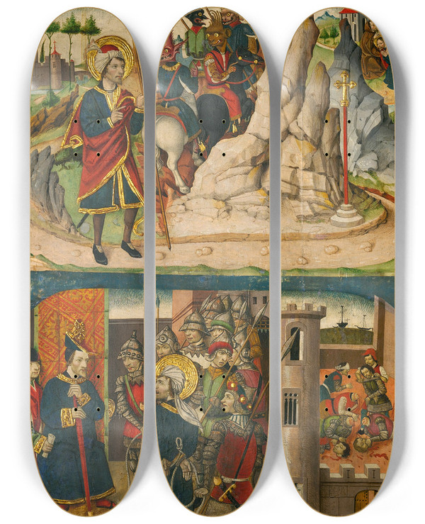 Triptych art skateboard deck of Martn De Soria Saint Christopher Meets Satan Saint Christopher Before The King Of Lycia by Martn de Soria (1449-1487)