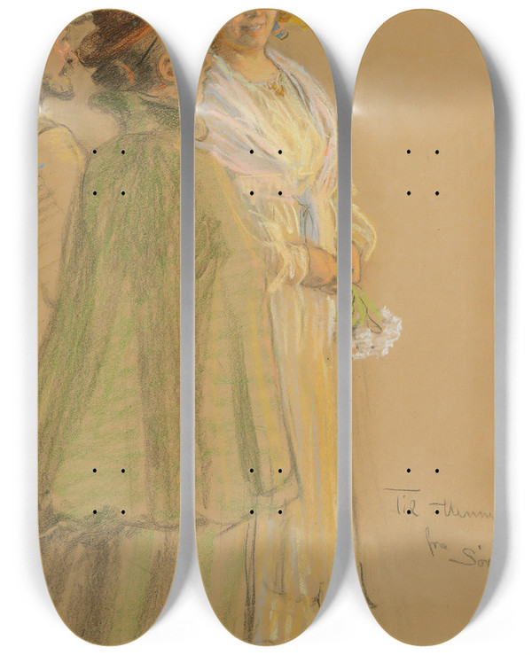 Triptych art skateboard deck of Peder Severin Kryer Postmaster Schrder Anna Ancher And Henny Brodersen by Peder Severin Kroyer (1851-1909)