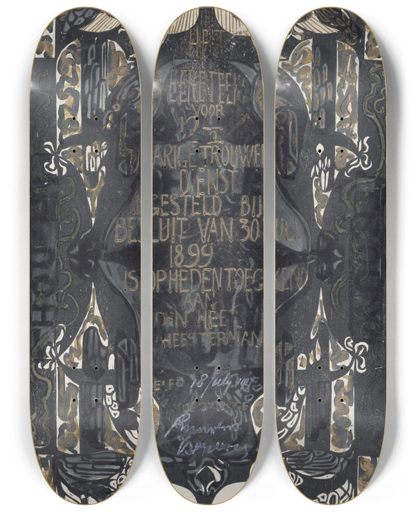 Triptych art skateboard deck of Carel Adolph Lion Cachet Ontwerp Voor Een Oorkonde Ter Gelegenheid Van Twaalf En Een Half Jaar Trouwe Dienst Bij De Lijm En Gelatinefabriek_1 by Carel Adolph Lion Cachet (1864-1945)