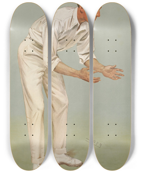 Triptych art skateboard deck of Leslie Matthew Ward Cricket A Century Maker Kl Hustings 14 August 1907 by Leslie Matthew Ward (1851-1922)