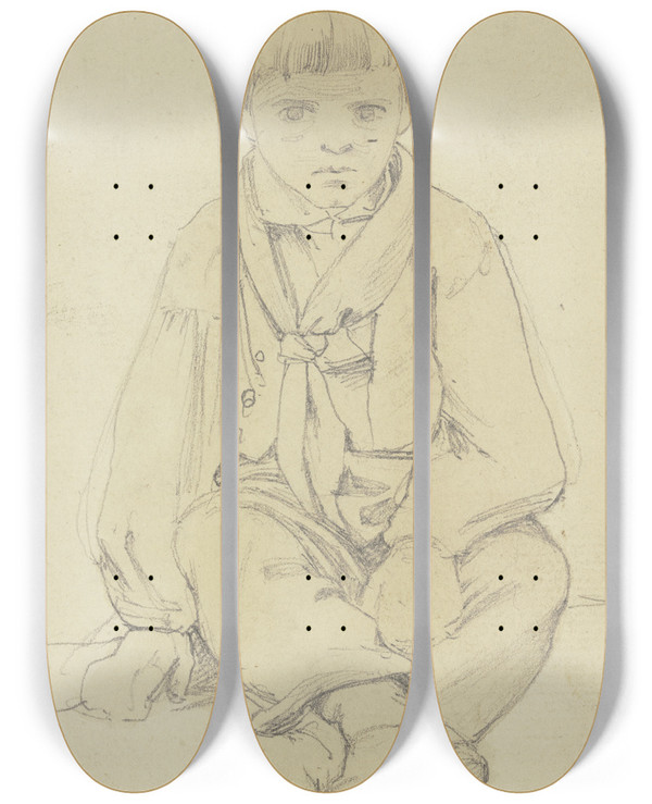 Triptych art skateboard deck of Jakob Becker Sitting Boy by Jakob Becker (1810-1872)