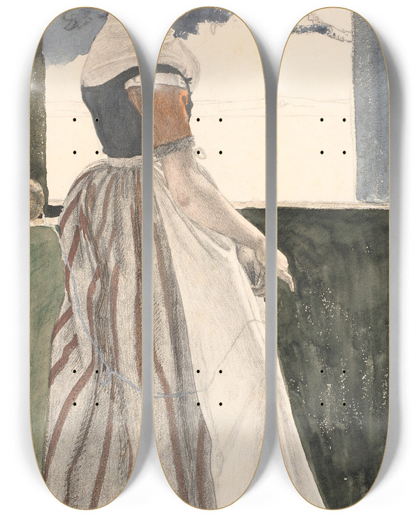 Triptych art skateboard deck of Christen Dalsgaard Ung Strikkende Pige I Sallingdragt Ser Ud Af Et Vindue by Christen Dalsgaard (1824-1907)