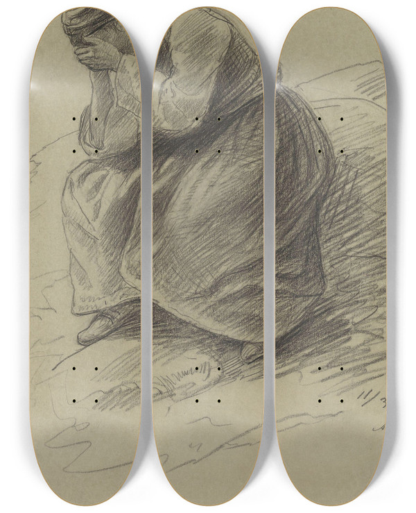 Triptych art skateboard deck of Adolph Tidemand Sittende Ung Pike Med Hodet I Hendene by Adolph Tidemand (1814-1876)