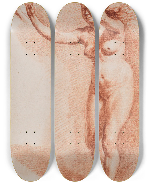 Triptych art skateboard deck of Adriaen Van De Velde Standing Nude Woman With Upraised Arms by Adriaen van de Velde (1636-1672)