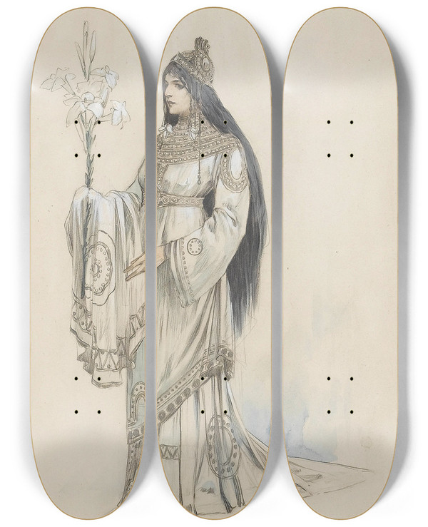 Triptych art skateboard deck of Alphonse Mucha A Costume Design For The Thtre De La Renaissance Paris by Alphonse Mucha (1860-1939)