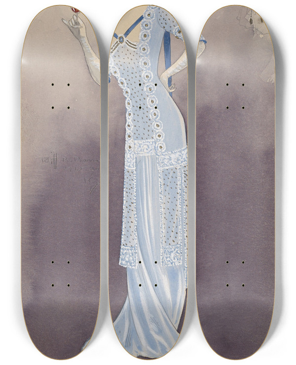 Triptych art skateboard deck of Will R Barnes F Showgirl by Will R Barnes (1939)