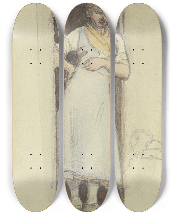 Triptych art skateboard deck of Jakob Frchtegott Dielmann Eine Buerin Mit Blauem Kleid Und Gelbem Halstuch Steht In Einer Tr by Jakob Furchtegott Dielmann (1809-1885)