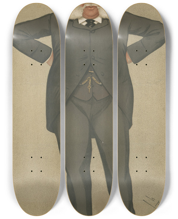 Triptych art skateboard deck of Leslie Matthew Ward Politicians The Whitehead Torpedo Mr John William Maclure 22 October 1892 by Leslie Matthew Ward (1851-1922)
