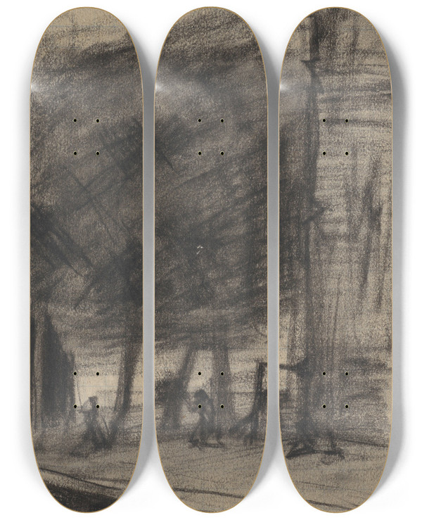 Triptych art skateboard deck of Theo Nieuwenhuis Gezicht Op De Zandhoek Te Amsterdam by Theo Nieuwenhuis (1866-1951)