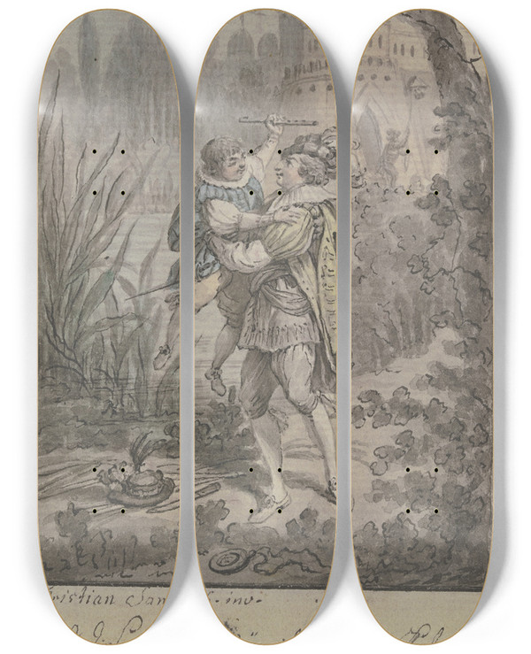 Triptych art skateboard deck of Christian Sambach Begrungsszene Von Zwei Mnnern Bei Einer Burg by Christian Sambach