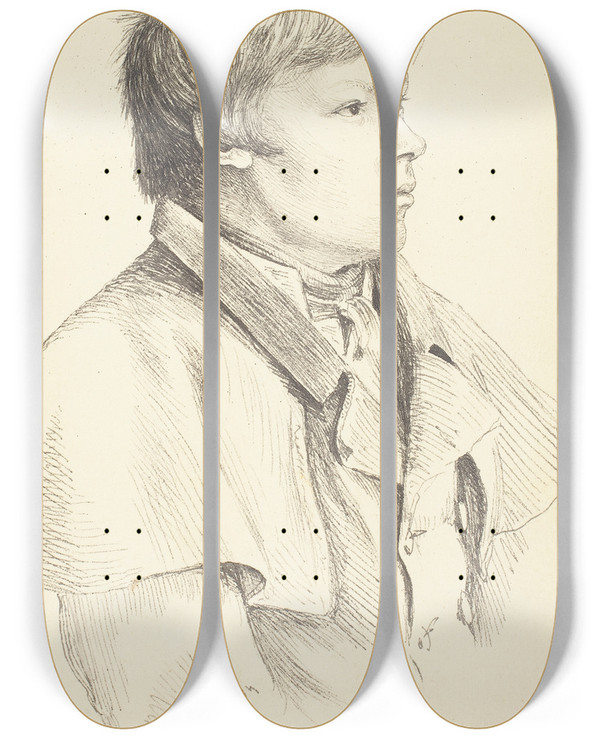 Triptych art skateboard deck of Gerhardt Wilhelm Von Reutern Bernhards Whooping Cough Face by Gerhardt Wilhelm Von Reutern (1794-1865)