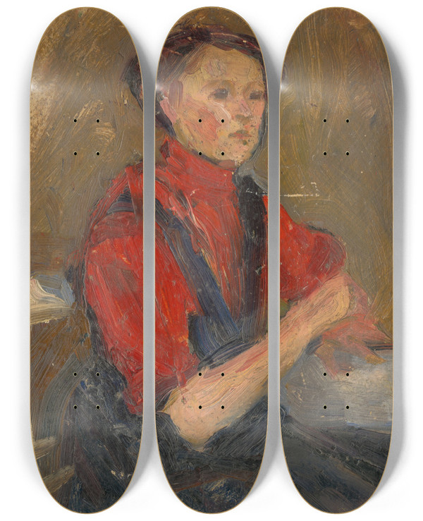 Triptych art skateboard deck of Udovt Pitthordt Portrait Of A Young Woman In A Red Sweater_2 by udovt Pitthordt (1860-1946)