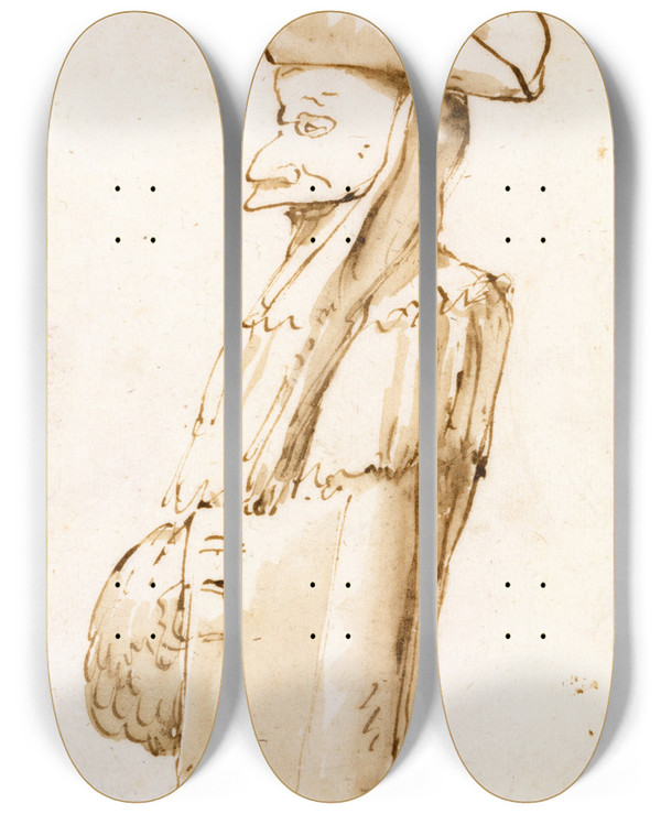 Triptych art skateboard deck of Giovanni Battista Tiepolo Caricature Of A Man In A Mask And A Tricorne Standing In Profile To The Left by Giovanni Battista Tiepolo (1696-1770)