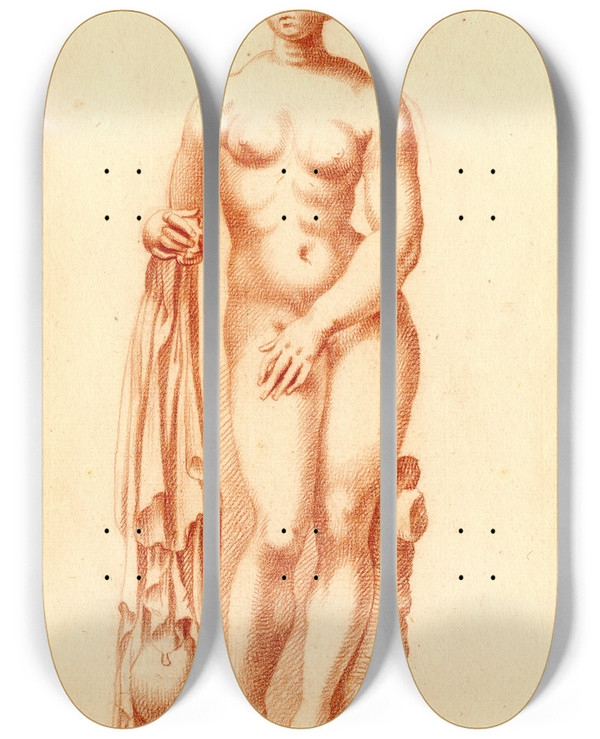 Triptych art skateboard deck of Cornelis Pronk Beeld Van Staande Naakte Vrouw by Cornelis Pronk (1691-1759)