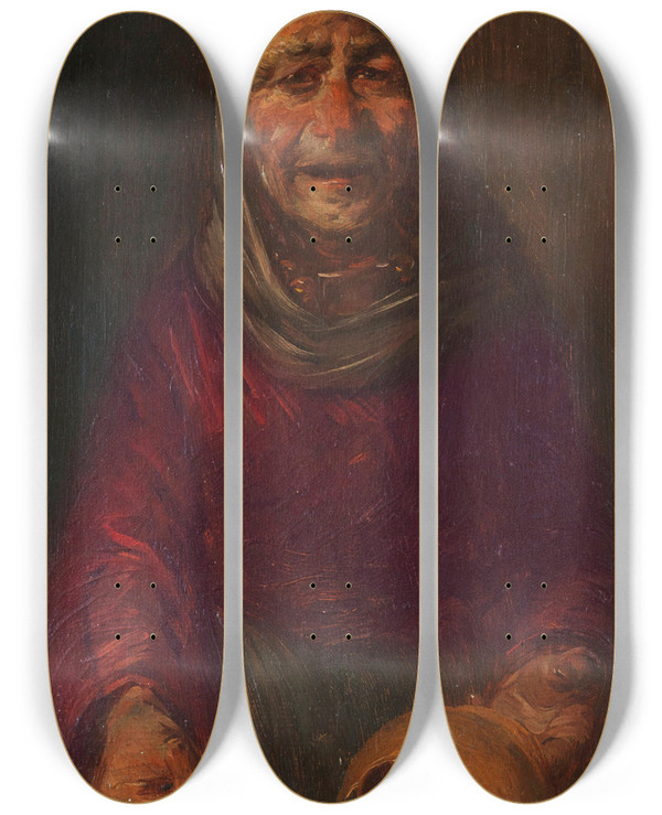 Triptych art skateboard deck of Wilhelm Busch Alte Frau Mit Zerbrochenem Krug by Wilhelm Busch (1832-1908)