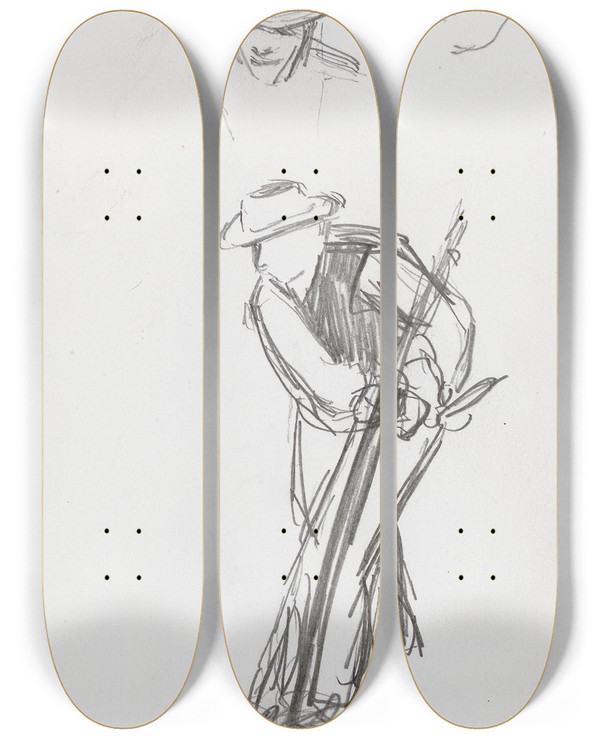 Triptych art skateboard deck of Ludvig Karsten Hode Mann Som Slr Gress by Ludvig Karsten (1876-1926)