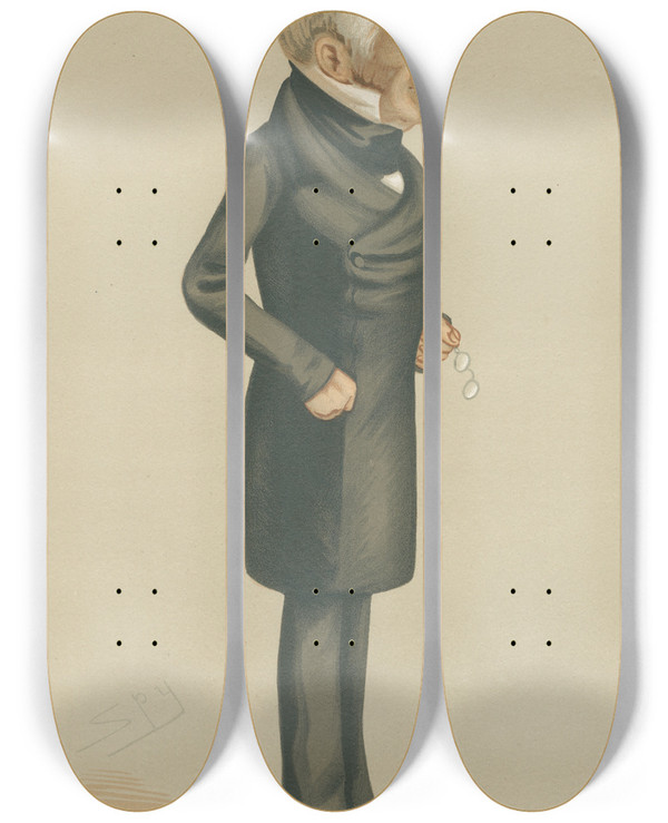 Triptych art skateboard deck of Leslie Matthew Ward Politicians Mouldy The Earl Of Powis 27 May 1876 by Leslie Matthew Ward (1851-1922)