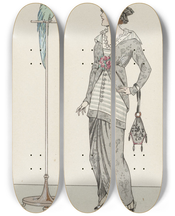 Triptych art skateboard deck of Loeze Robe De Taffetas Fleurs by Loeze