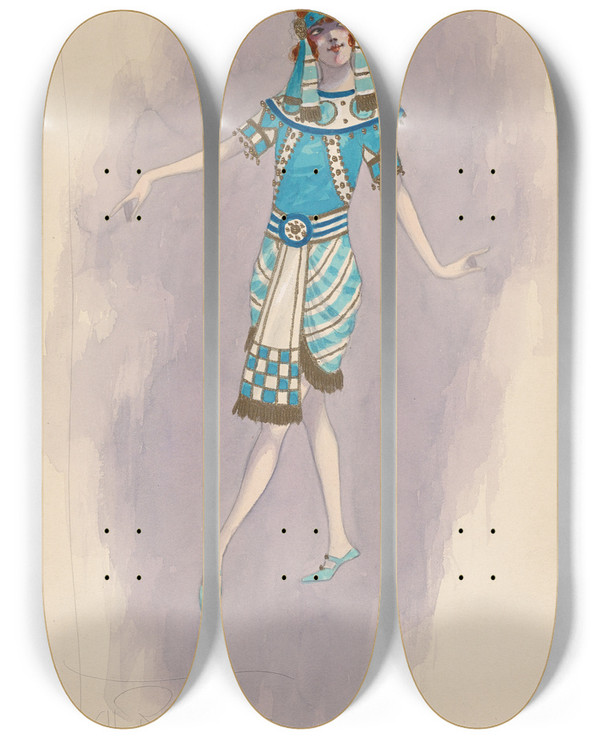 Triptych art skateboard deck of Will R Barnes Womans Costume Short Blue Dress 3 by Will R Barnes (1939)
