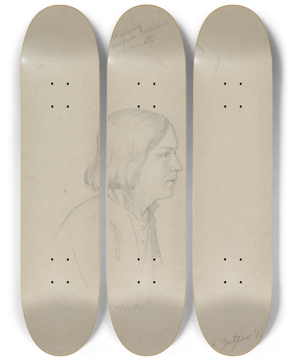 Triptych art skateboard deck of Adolph Tidemand Man And Boy Head by Adolph Tidemand (1814-1876)