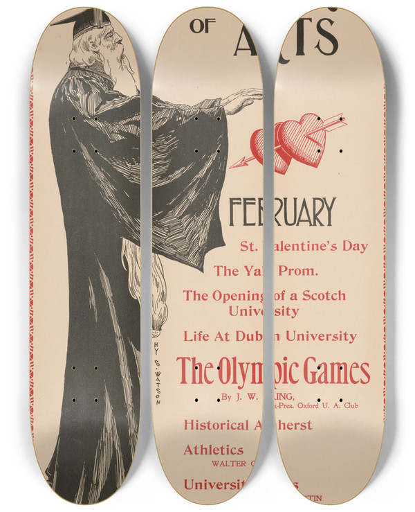 Triptych art skateboard deck of Henry Summer Watson The Bachelor Of Arts For February by Henry Summer Watson (1868-1933)