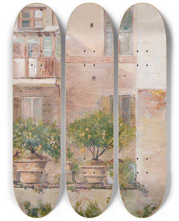 Triptych art skateboard deck of Lars Jacob Von Rk Italian Study Patio With Lemontrees In Flowerpots by Lars Jacob Von Rook (1778-1867)