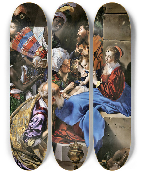 Triptych art skateboard deck of Juan Bautista Mano La Adoracin De Los Reyes Magos by Juan Bautista Maino (1581-1649)