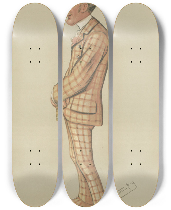 Triptych art skateboard deck of Leslie Matthew Ward Sports Miscellaneous Sport Riders Born In The Scarlet Mr Henry Reginald Corbet Of Adderley Hall October 20 1883 by Leslie Matthew Ward (1851-1922)