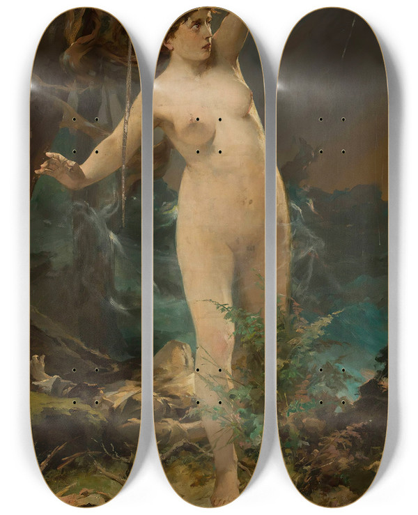 Triptych art skateboard deck of Kazimierz Alchimowicz Milda Female Nude Against The Landscape Of Rough Sea by Kazimierz Alchimowicz (1840-1916)