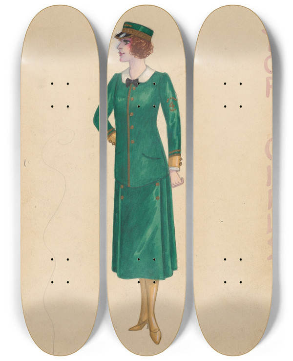 Triptych art skateboard deck of Will R Barnes Elevator Girls 3 by Will R Barnes (1939)