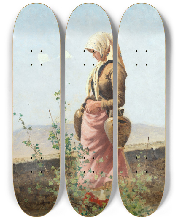 Triptych art skateboard deck of Angiolo Tommasi Donna Con Brocche by Angiolo Tommasi (1858-1923)