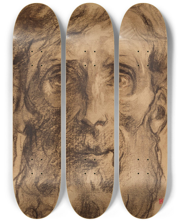 Triptych art skateboard deck of Henri Leopold Lvy Etude De Visage Dhomme by Henri Leopold Levy (1840-1904)
