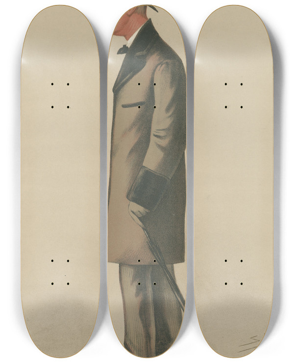 Triptych art skateboard deck of Leslie Matthew Ward Politicians Montrose The Rt Hon William Edward Baxter April 25 1885 by Leslie Matthew Ward (1851-1922)