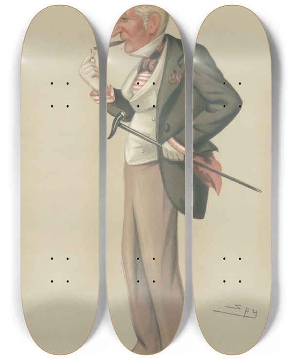 Triptych art skateboard deck of Leslie Matthew Ward Turf Devotees Youth The Earl Of Winchilsea And Nottingham October 2 1880 by Leslie Matthew Ward (1851-1922)