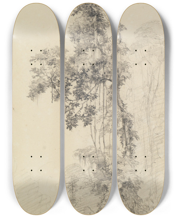 Triptych art skateboard deck of Ferdinand Keller Baumstudie Im Urwald Mit Skizziertem Lasttier by Ferdinand Keller (1842-1922)