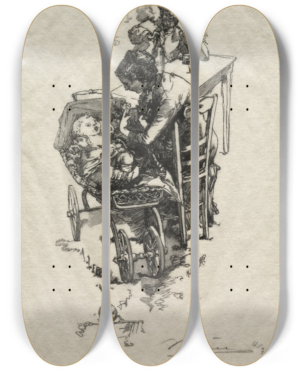 Triptych art skateboard deck of Auguste Louis Lepre La Femme Au Berceau by Auguste Louis Lepere (1849-1918)