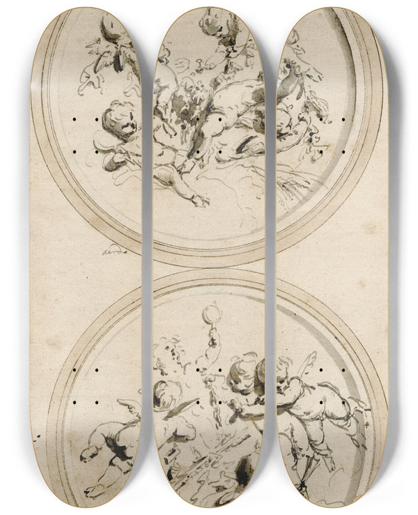 Triptych art skateboard deck of Jacob De Wit Aarde En Vuur Medaillons Met Putti by Jacob de Wit (1695-1754)