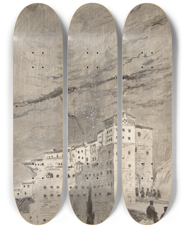 Triptych art skateboard deck of Peter Toft Monastery Of Mega Spileon Greece by Peter Toft (1825-1901)