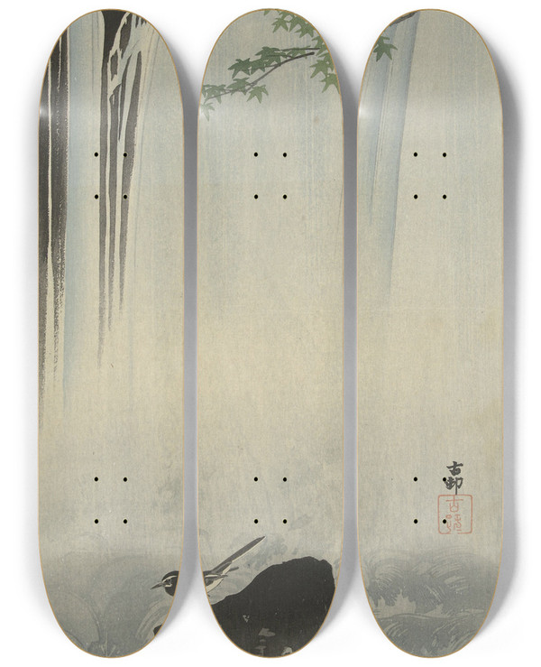Triptych art skateboard deck of Ohara Koson Japanese Wagtail At Waterfall by Ohara Koson (1877-1945)