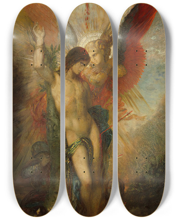 Triptych art skateboard deck of Gustave Moreau Saint Sebastian And The Angel by Gustave Moreau (1826-1898)