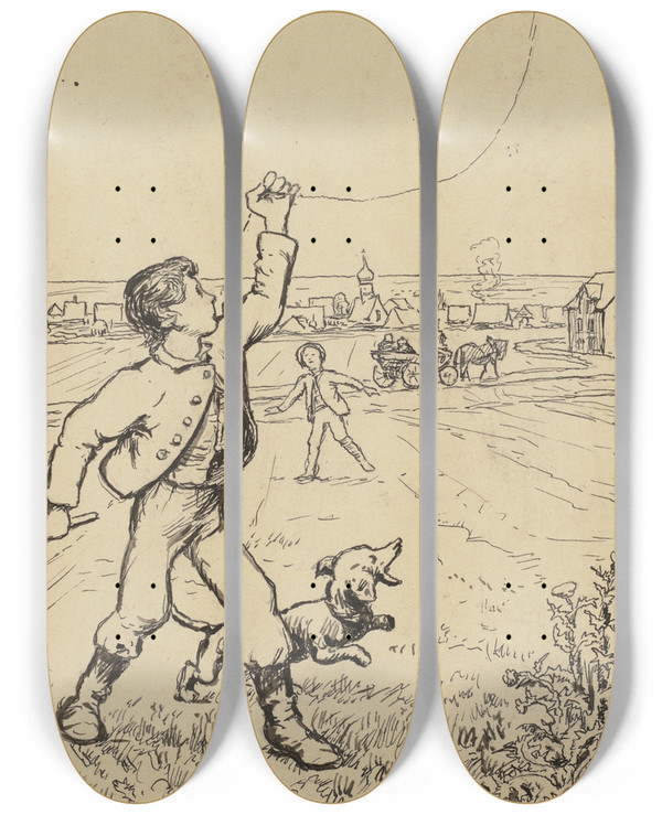 Triptych art skateboard deck of Hans Thoma Drache by Hans Thoma (1839-1924)