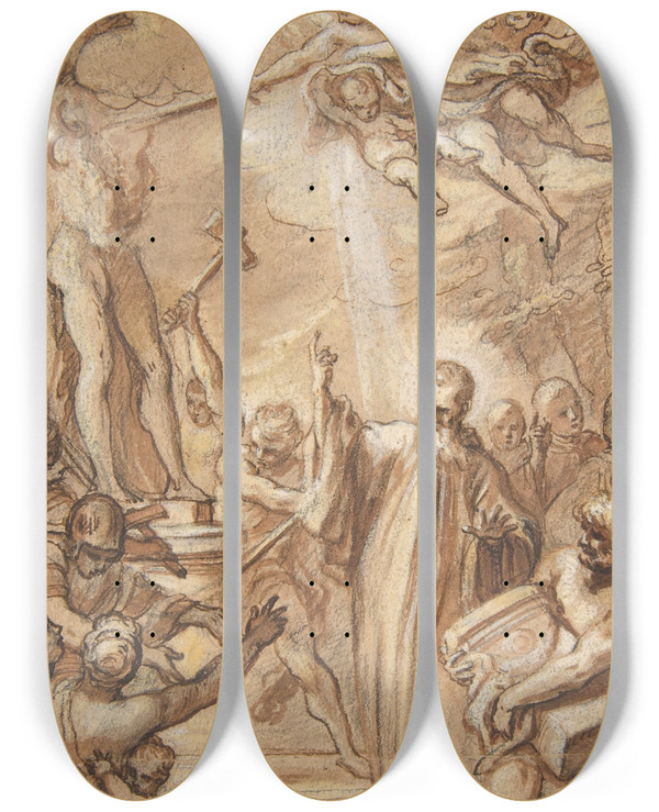 Triptych art skateboard deck of Gaspare Serenario Saint Benedict Orders The Destruction Of Idols At Montecassino by Gaspare Serenario (1707-1759)