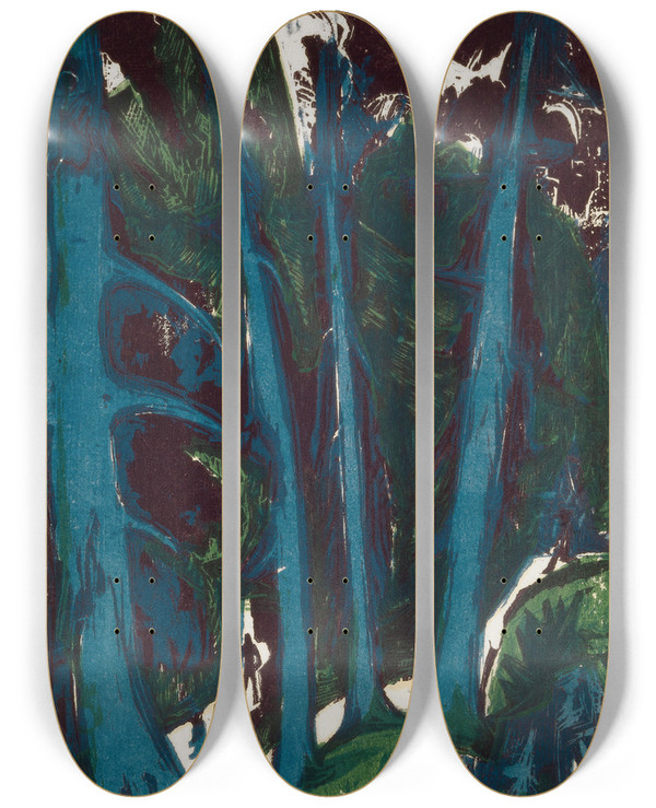 Triptych art skateboard deck of Ernst Ludwig Kirchner Fir Trees by Ernst Ludwig Kirchner (1880-1938)