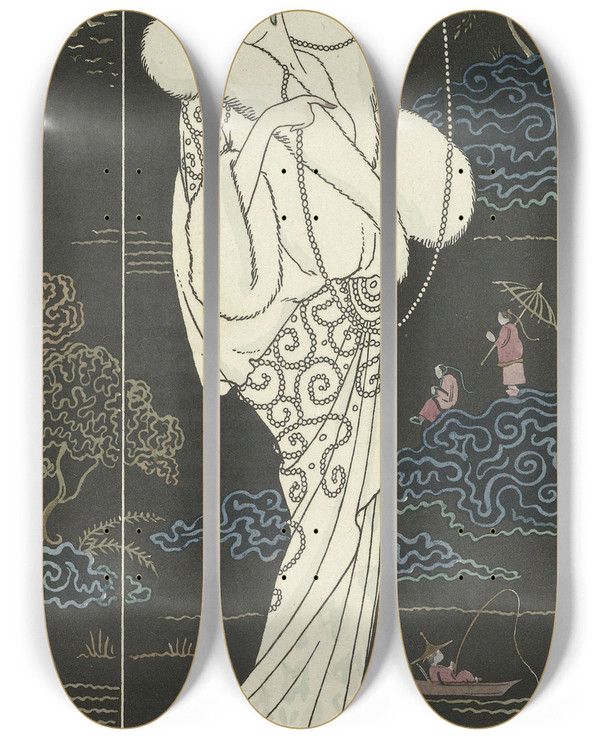 Triptych art skateboard deck of George Barbier Manteau De Velours by George Barbier (1882-1932)