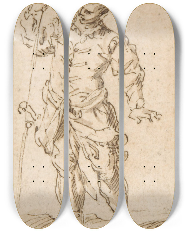 Triptych art skateboard deck of Claude Gillot Soldier With Halberd by Claude Gillot (1673-1722)