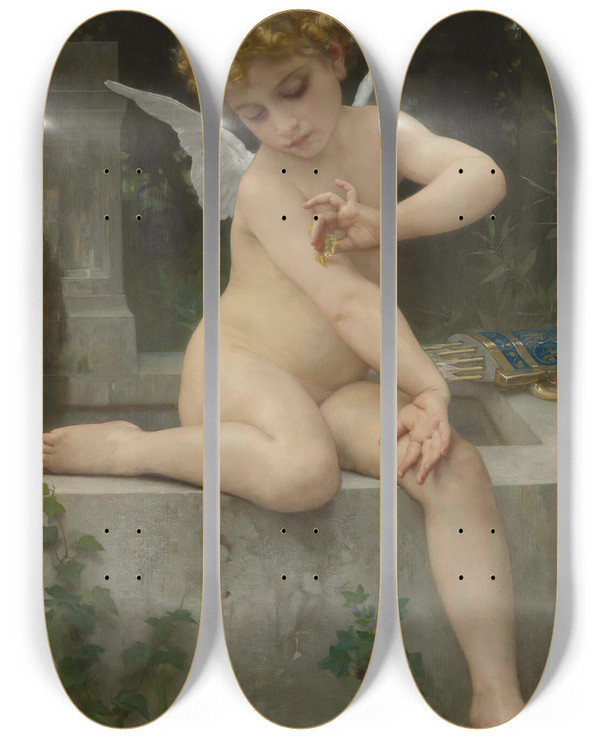 Triptych art skateboard deck of William Bouguereau Lamour Au Papillon by William Bouguereau (1825-1905)