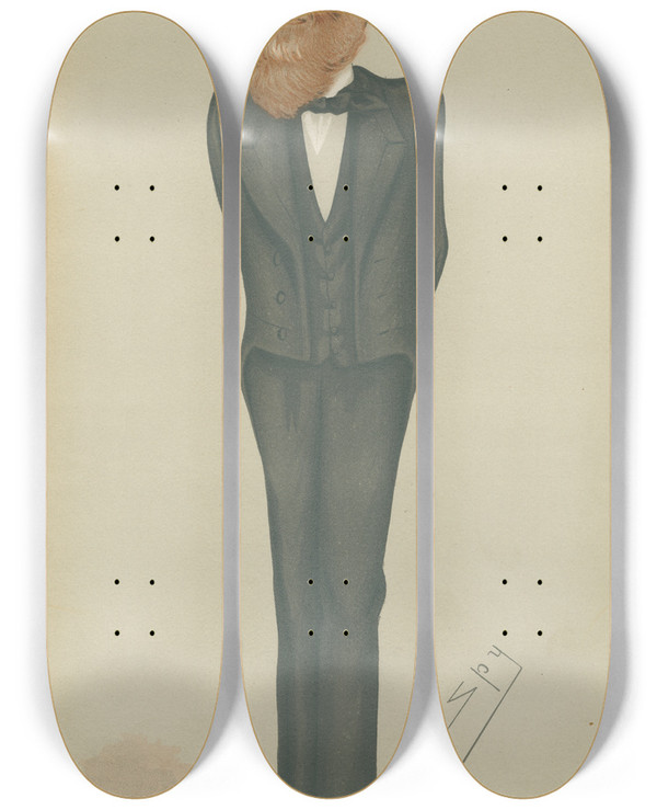 Triptych art skateboard deck of Leslie Matthew Ward Politicians The Apostle To The Women Mr Jacob Bright 1 May 5 1877 by Leslie Matthew Ward (1851-1922)