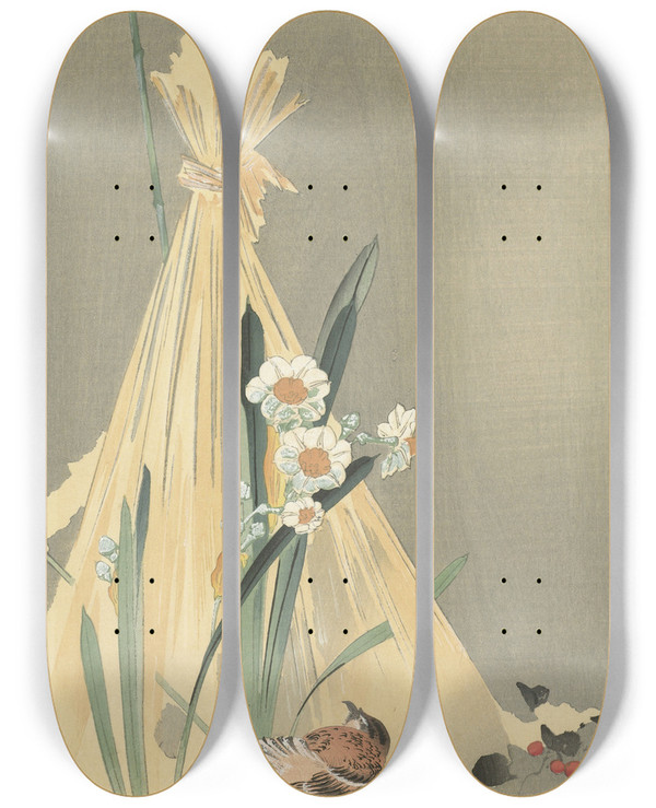 Triptych art skateboard deck of Ohara Koson Songbird At Hay Bundle by Ohara Koson (1877-1945)