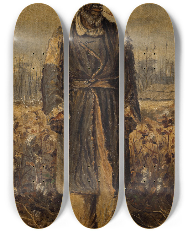 Triptych art skateboard deck of William Aiken Walker Man Smoking Pipe In Cotton Field by William Aiken Walker (1838-1921)